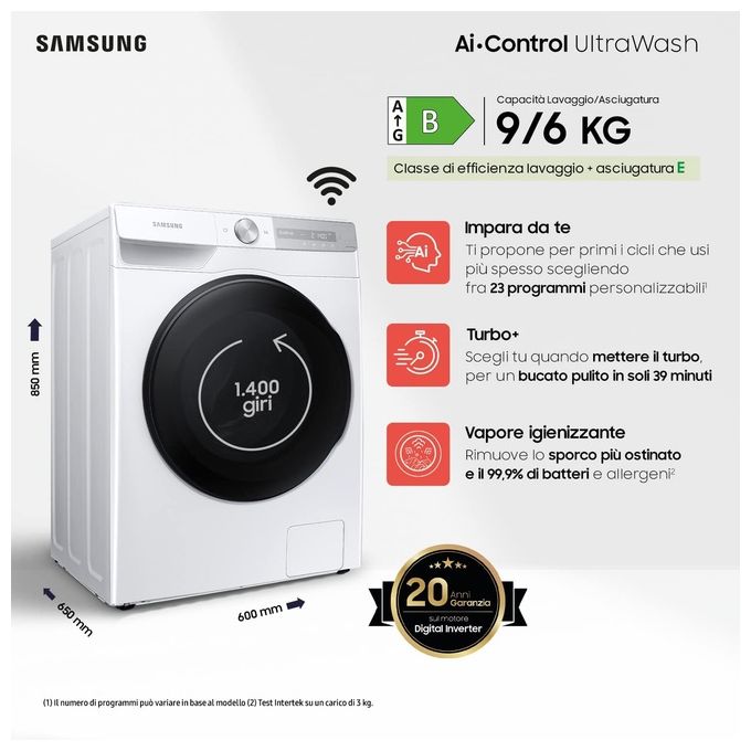 Samsung WD90T734ABH Lavasciuga AI Control UltraWash Ecolavaggio Ecodosatore Classe energetica E (B) Capacita' di carico 9-6 Kg Centrifuga 1400 giri Motore Digital Inverter Vapore Igenizzante