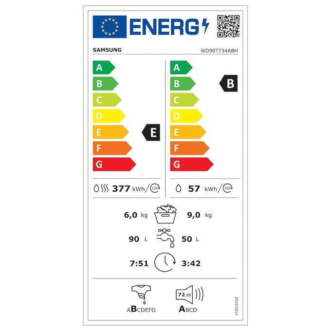 Samsung WD90T734ABH Lavasciuga AI Control UltraWash Ecolavaggio Ecodosatore Classe energetica E (B) Capacita' di carico 9-6 Kg Centrifuga 1400 giri Motore Digital Inverter Vapore Igenizzante