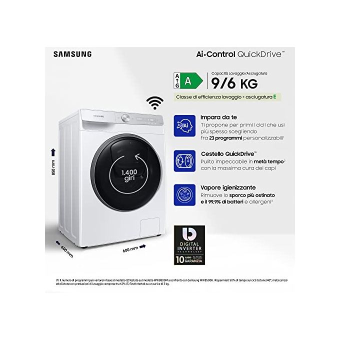 Samsung WD90T954DSH Lavasciuga AI Control QuickDrive AddWash Classe energetica E (B) Capacita' di carico 9-6 Kg Centrifuga 1400 giri Motore Digital Inverter Vaporizzatore igenizzante