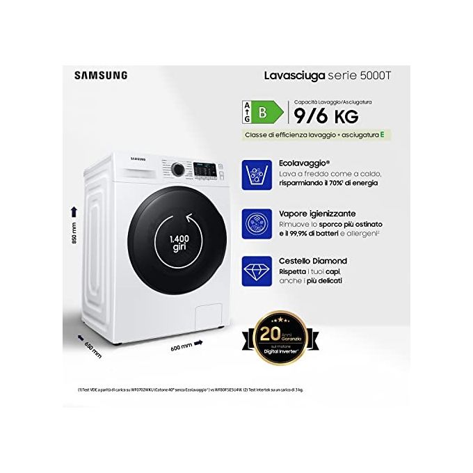 Samsung WD90TA046BE Lavasciuga Serie5000T Crystal Clean AirWash Ecolavaggio Classe energetica E (B) Capacita' di carico 9-6 Kg Centrifuga 1400 giri Motore Digital Inverter Vapore Igenizzante