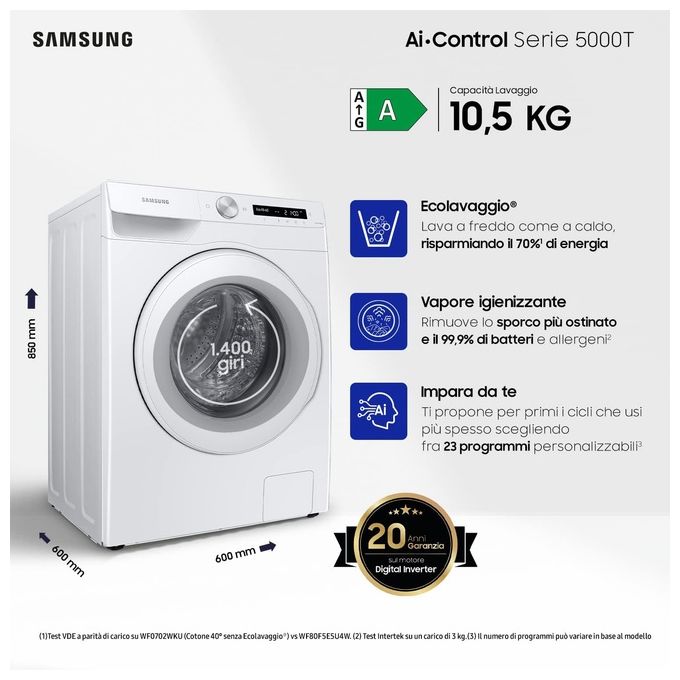 Samsung WW10T504DTW Lavatrice Carica Frontale Ai Control Classe energetica A Capacita' di carico 10,5 Kg Centrifuga 1400 giri Motore Digital Inverter WiFi Ecolavaggio Vapore igienizzante