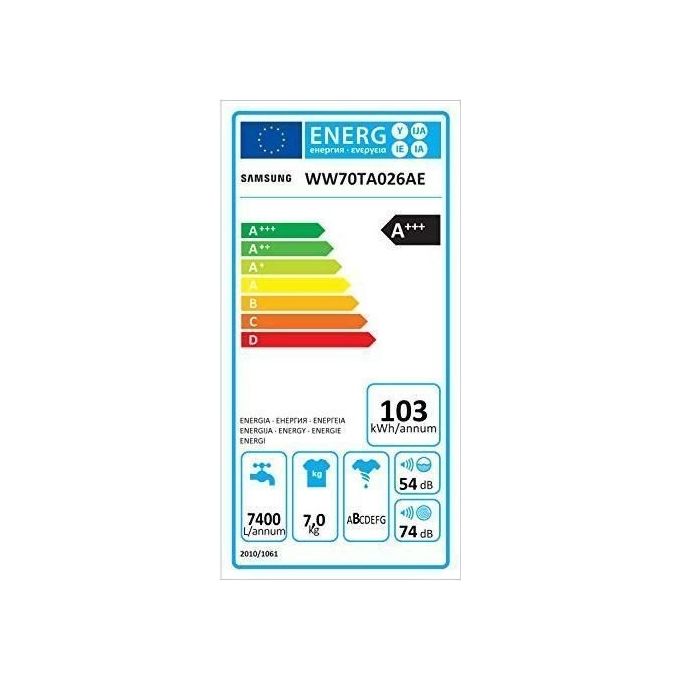 Samsung WW70TA026AE Lavatrice Carica Frontale Crystal Clean Classe energetica B Capacita' di carico 7 Kg Centrifuga 1200 giri Motore Digital Inverter Vapore Igenizzante Ecolavaggio bianco