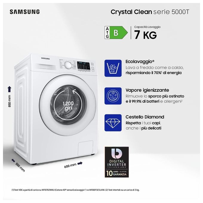 Samsung WW70TA026TE Lavatrice Carica Frontale Crystal Clean Classe energetica B Capacita' di carico 7 Kg Centrifuga 1200 giri Motore Digital Inverter Vapore Igenizzante Ecolavaggio