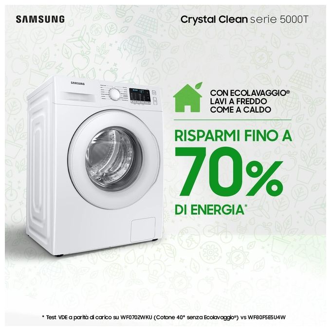 Samsung WW70TA026TE Lavatrice Carica Frontale Crystal Clean Classe energetica B Capacita' di carico 7 Kg Centrifuga 1200 giri Motore Digital Inverter Vapore Igenizzante Ecolavaggio