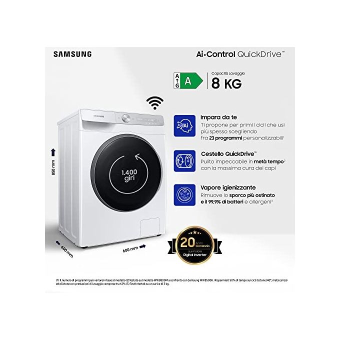 Samsung WW80T934ASH Lavatrice Carica Frontale AI Control Classe energetica A Capacita' di carico 8 Kg Centrifuga 1400 giri Motore Digital Inverter Ecolavaggio Vapore Igenizzante Ecodosatore