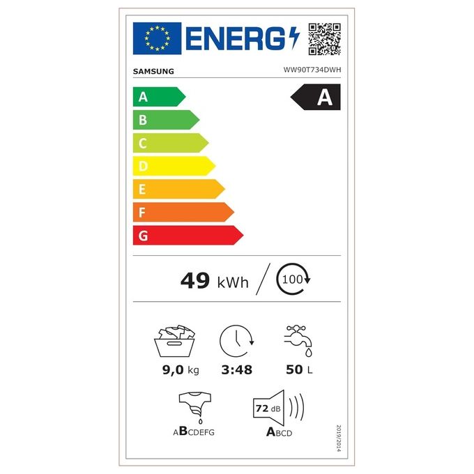 Samsung WW90T734DWH Lavatrice Carica Frontale AI Control UltraWash Classe energetica A Capacita' di carico 9 Kg Centrifuga 1400 giri Motore Digital Inverter Vapore Igenizzante Ecodosatore Ecolavaggio