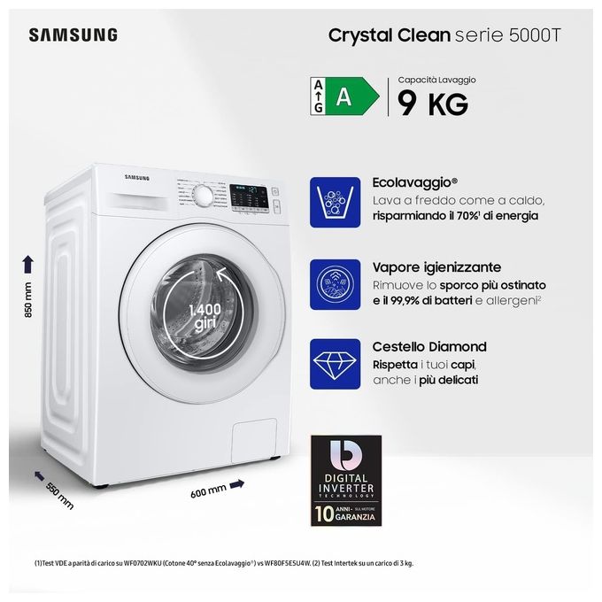 Samsung WW90TA046TT Crystal Clean Lavatrice Carica Frontale Classe energetica A Capacita' di carico 9 Kg Centrifuga 1400 giri Motore Digital Inverter Vapore Igienizzante Ecolavaggio