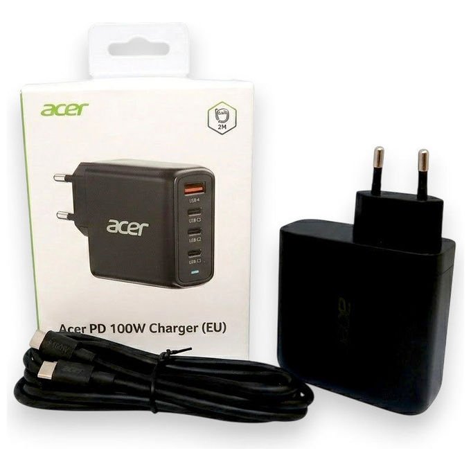 Acer ZL.ADTCC.00L Caricatore Universale 100W GaN 3 Porte USB-C 1 Porta USB-A con Cavo 2 m colore Nero