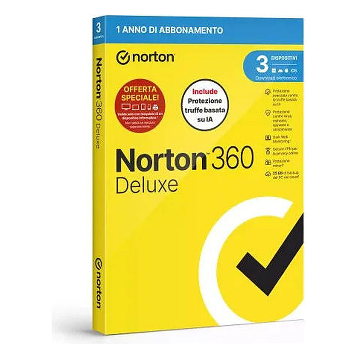 Norton 360 Deluxe 2026 Antivirus ESD 3 Dispositivi 12 Mesi 25GB Backup Cloud VPN Monitoraggio Dark Web