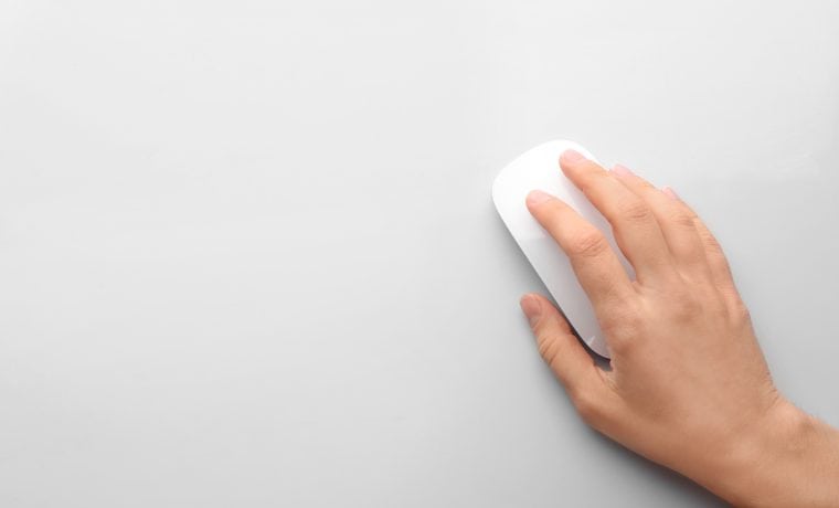 Woman,Using,Computer,Mouse,On,White,Background,,Top,View.,Space mouse