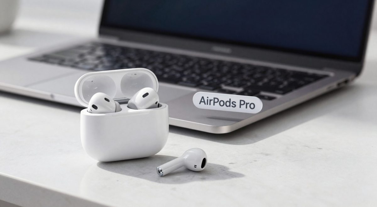 AirPods Pro su scrivania marmo Apple-style con MacBook