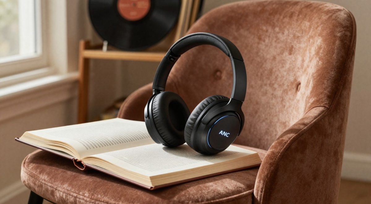 Cuffie bluetooth over-ear con ANC su libro e poltrona velluto