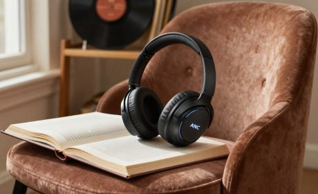 Cuffie bluetooth over-ear con ANC su libro e poltrona velluto