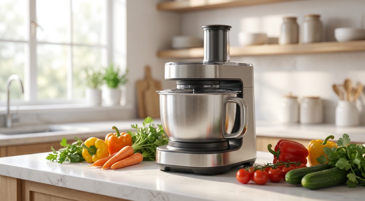 Robot da cucina multifunzione con verdure fresche su un piano cucina