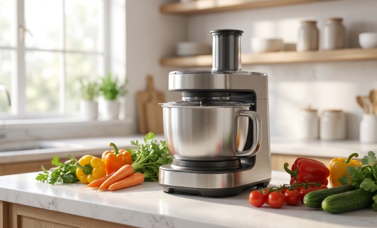 Robot da cucina multifunzione con verdure fresche su un piano cucina