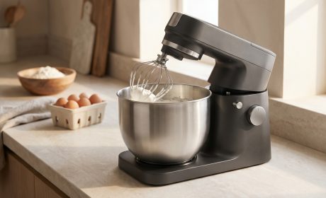 Impastatrice planetaria che lavora un impasto in una ciotola in acciaio in cucina