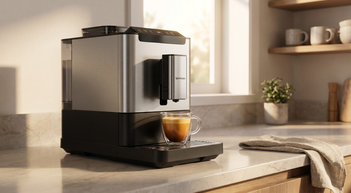 Macchina da caffè automatica con espresso e crema su un piano cucina