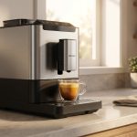 Macchina da caffè automatica con espresso e crema su un piano cucina