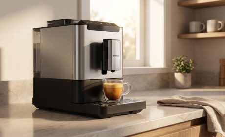 Macchina da caffè automatica con espresso e crema su un piano cucina