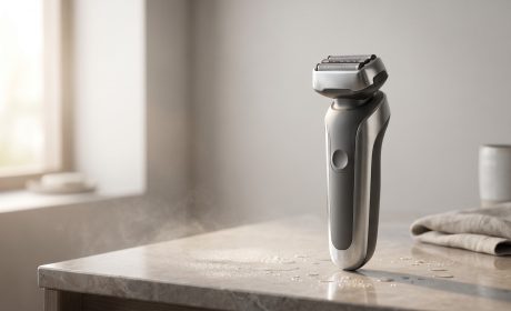 Rasoio elettrico moderno su un piano bagno con gocce d acqua