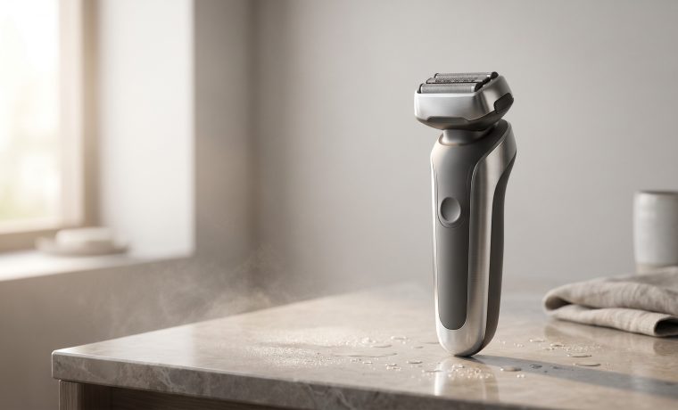 Rasoio elettrico moderno su un piano bagno con gocce d acqua