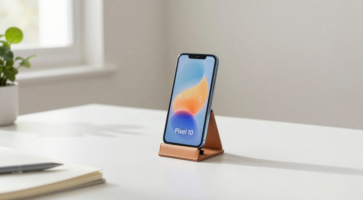 Google Pixel su scrivania Scandinavian con scritta Pixel 10
