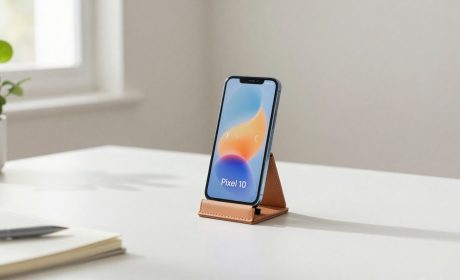 Google Pixel su scrivania Scandinavian con scritta Pixel 10