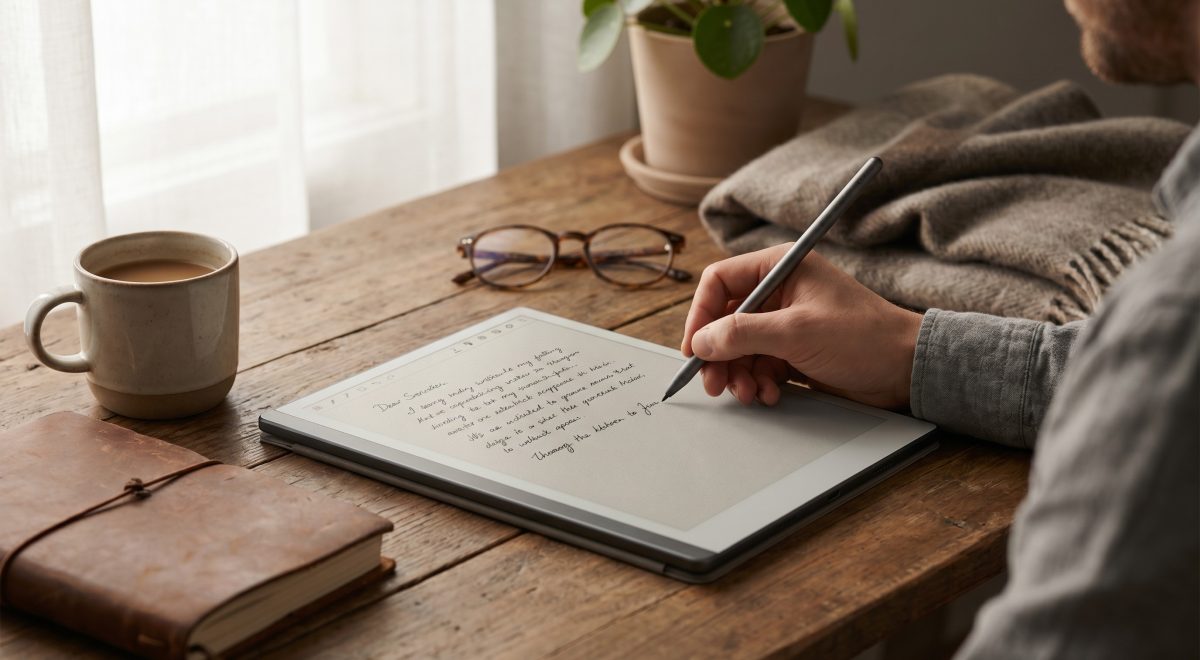 Tablet TCL NXTPAPER con schermo opaco e pennino, scrittura come su carta su una scrivania