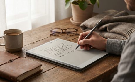 Tablet TCL NXTPAPER con schermo opaco e pennino, scrittura come su carta su una scrivania