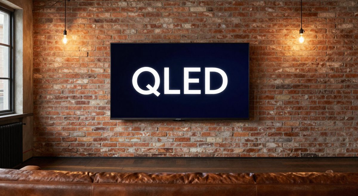 TV QLED salotto loft industrial con scritta QLED su schermo