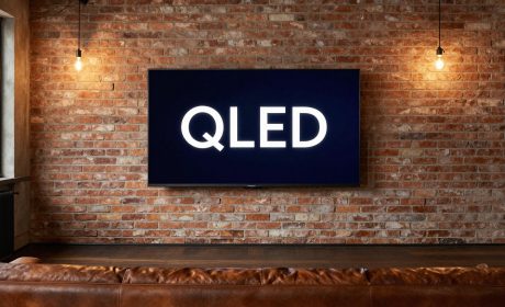TV QLED salotto loft industrial con scritta QLED su schermo