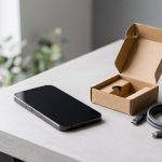 Smartphone ricondizionato con scatola e cavo di ricarica su una scrivania chiara