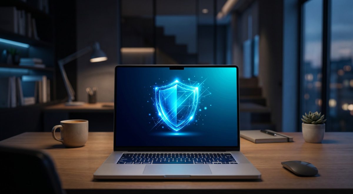 Notebook su scrivania con schermo che mostra uno scudo di sicurezza informatica