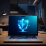 Notebook su scrivania con schermo che mostra uno scudo di sicurezza informatica
