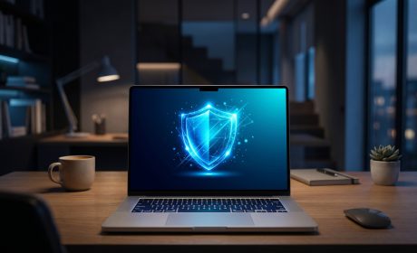 Notebook su scrivania con schermo che mostra uno scudo di sicurezza informatica