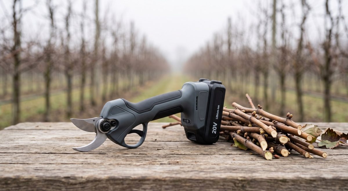 Forbici da potatura a batteria accanto a tralci appena tagliati