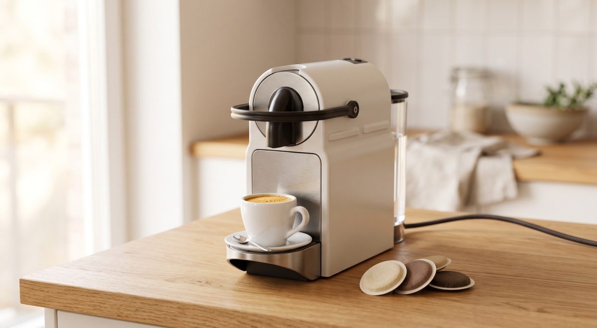 Macchina da caffè a cialde con tazzina di espresso e cialde ESE sul piano cucina