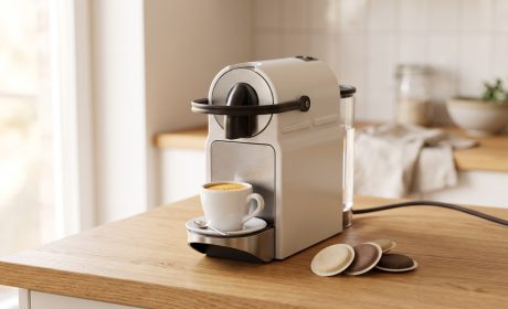 Macchina da caffè a cialde con tazzina di espresso e cialde ESE sul piano cucina