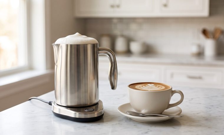 Montalatte elettrico in acciaio con schiuma di latte e cappuccino