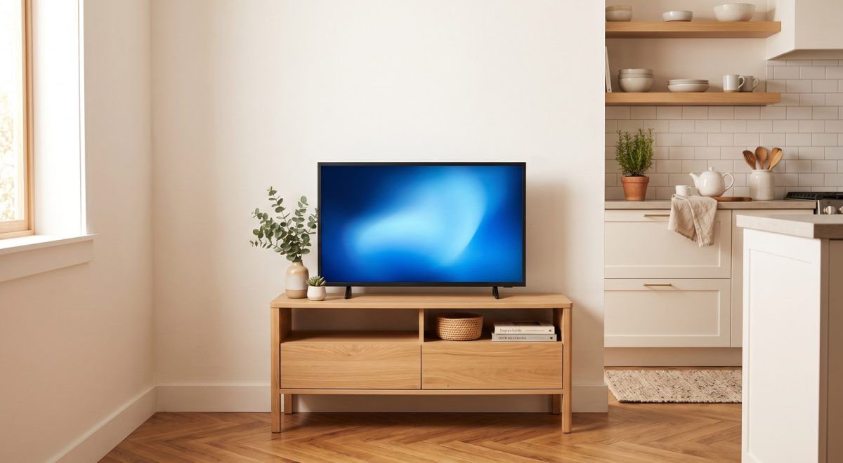 Smart TV da 32 pollici su mobile in legno in un angolo cucina