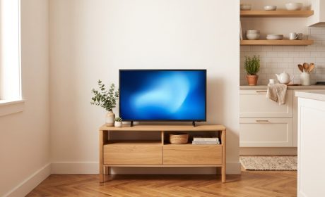 Smart TV da 32 pollici su mobile in legno in un angolo cucina