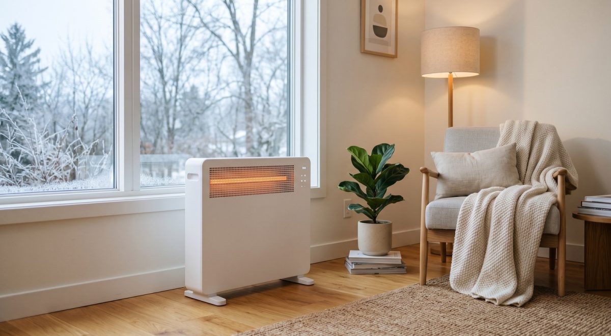Stufa elettrica accesa in un angolo soggiorno con poltrona e plaid