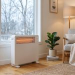 Stufa elettrica accesa in un angolo soggiorno con poltrona e plaid