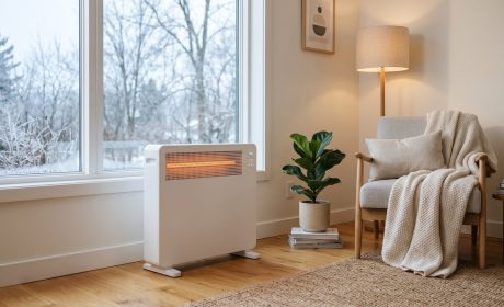 Stufa elettrica accesa in un angolo soggiorno con poltrona e plaid