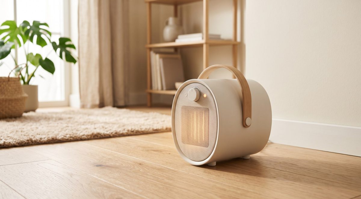 Termoventilatore ceramico compatto su pavimento in legno chiaro