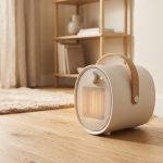 Termoventilatore ceramico compatto su pavimento in legno chiaro