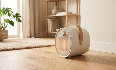 Termoventilatore ceramico compatto su pavimento in legno chiaro