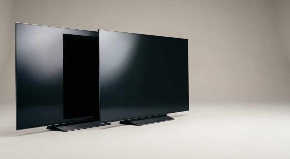 Due televisori affiancati a schermo spento su fondo neutro, confronto tra tecnologia OLED e QLED