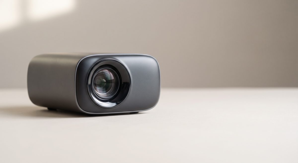 Videoproiettore compatto su fondo neutro, confronto tra proiettore e TV per il salotto