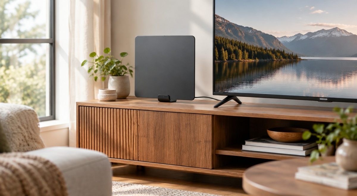 Antenna TV da interno piatta accanto al televisore in soggiorno